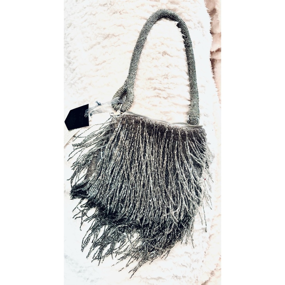 Bling Beaded Silver Fringe Hand Sewn Beading Evening Handbag, Top Zip NWT - Picture 2 of 10